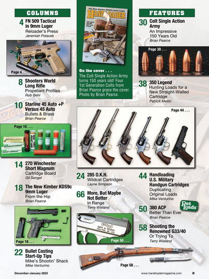Handloader December 2023 - The Ammunition Reloading Journal: The New Kimber KDS9c 9mm Luger, FN 509, Duplicating Original Loads & Colt Single Action Army