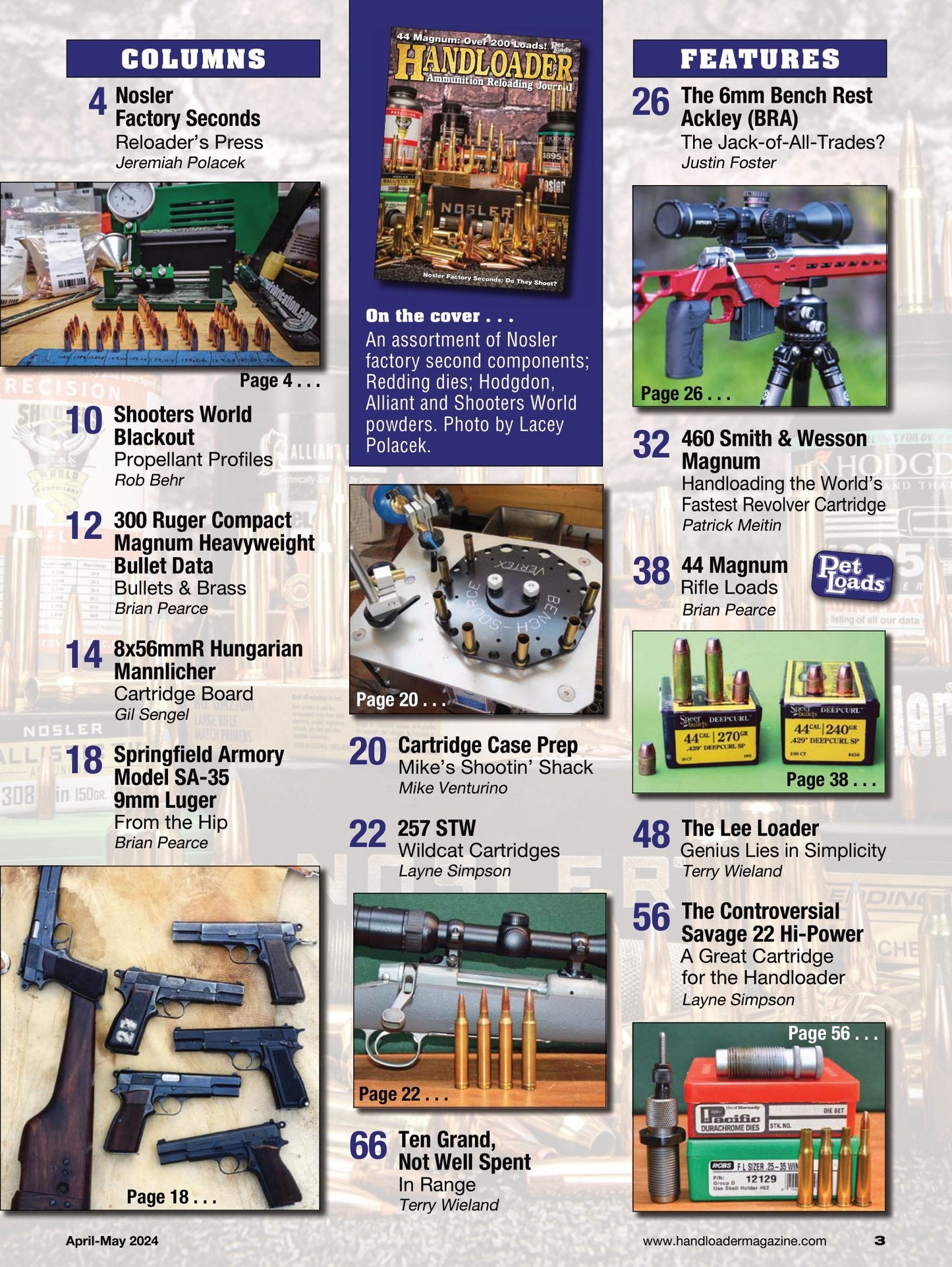 Handloader April 2024 -  The Ammunition Reloading Journal: 44 Magnum With Over 200 Loads, The 6mm Bench Rest Ackley, The Lee Loader, Cartridge Case Prep & More!