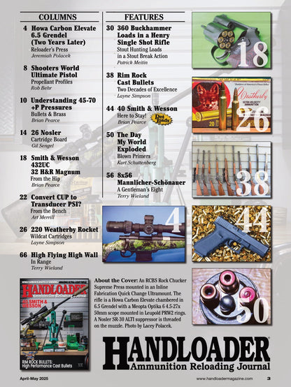 Handloader The Ammunition Reloading Journal - April 2025: Howa Carbon Elevate 6.5 Grendel, The Ultra Light Rifle, 40 Smith & Wesson, High Performance Rim Rock Bullets, 220 Weatherby Rocket & More!