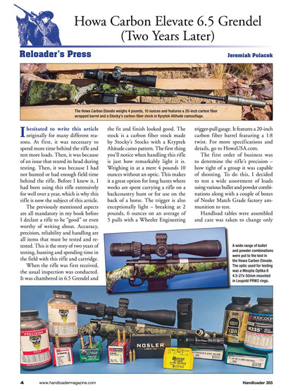 Handloader The Ammunition Reloading Journal - April 2025: Howa Carbon Elevate 6.5 Grendel, The Ultra Light Rifle, 40 Smith & Wesson, High Performance Rim Rock Bullets, 220 Weatherby Rocket & More!