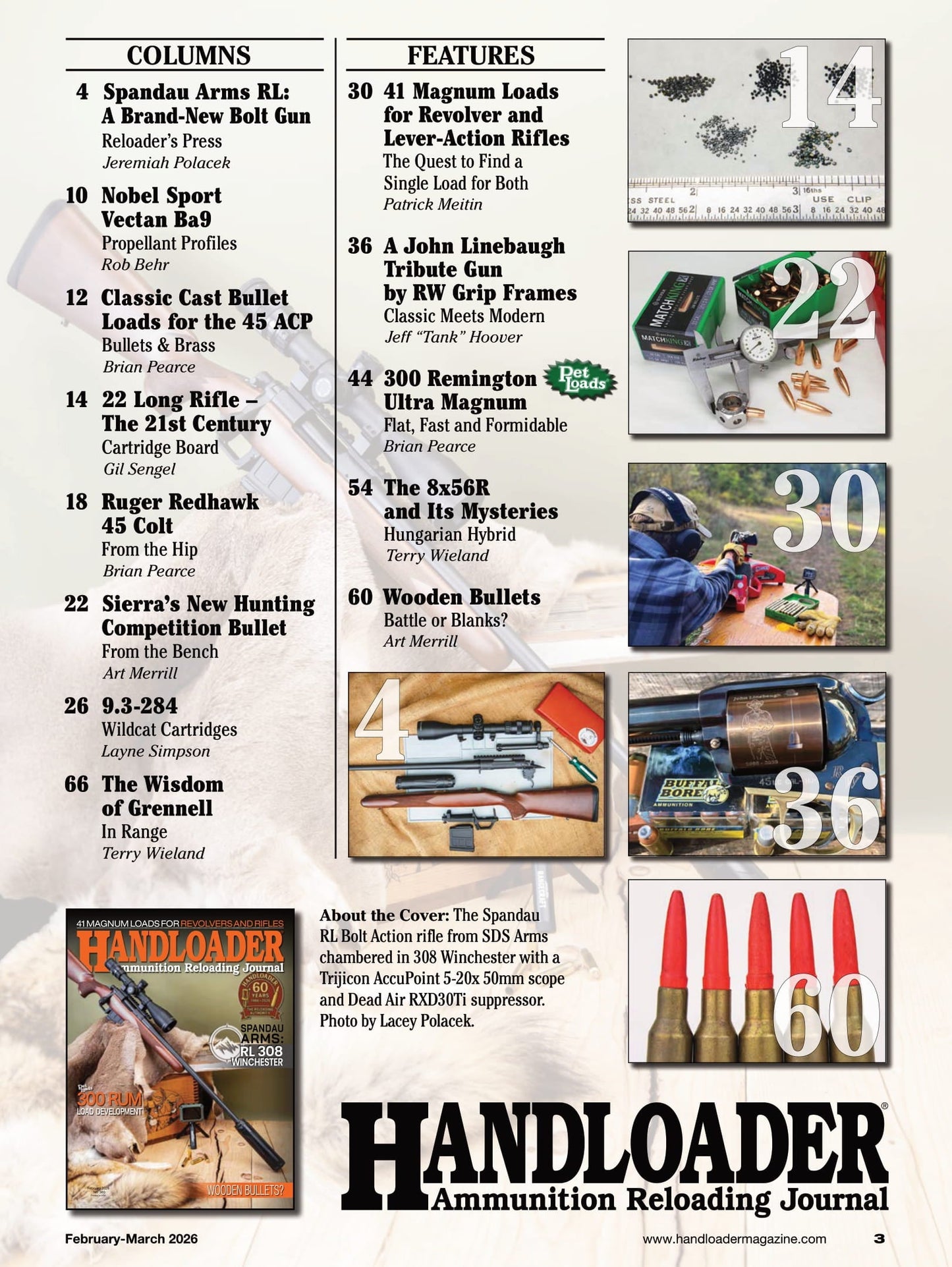 Handloader The Ammunition Reloading Journal - February 2026: 41 Magnum Loads For Revolvers & Rifles, Spandau RL 308 Winchester, Wooden Bullets, 300 RUM Load Development, Ruger Redhawk 45 Colt & More!