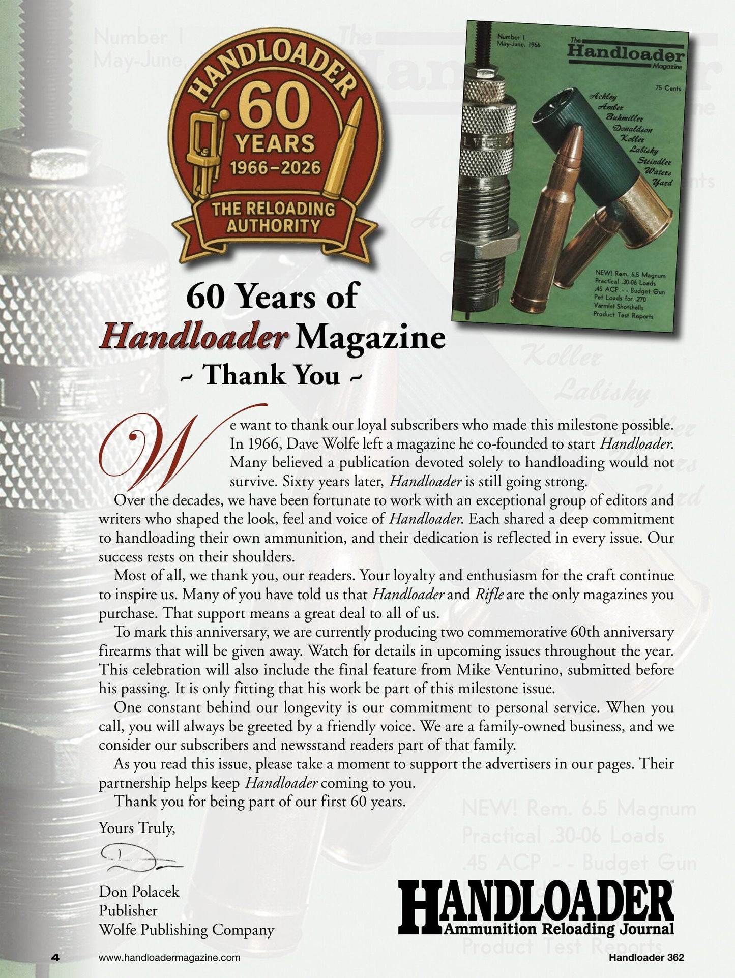 Handloader The Ammunition Reloading Journal - June 2026: 60th Anniversary Issue, 45 Colt Loads In A Model 25-5 & 460 S&W Magnum Big Bore Performance, 6.5 Creedmoor, 45 ACP Revolvers & More!