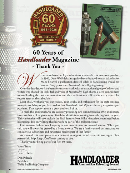 Handloader The Ammunition Reloading Journal - June 2026: 60th Anniversary Issue, 45 Colt Loads In A Model 25-5 & 460 S&W Magnum Big Bore Performance, 6.5 Creedmoor, 45 ACP Revolvers & More!