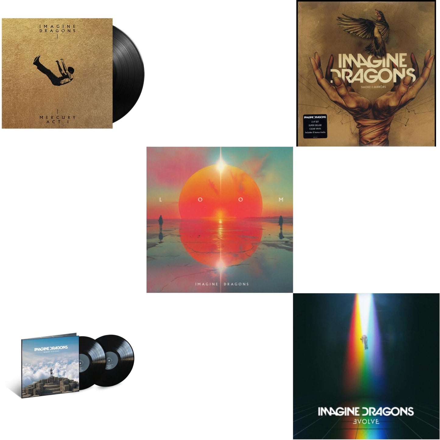 Imagine Dragons - Mercury – Act 1 & Night Visions: Expanded Edition (2LP) & Loom (Translucent Coke Bottle Green LP Vinyl) & Smoke + Mirrors (Deluxe Edition) & Evolve