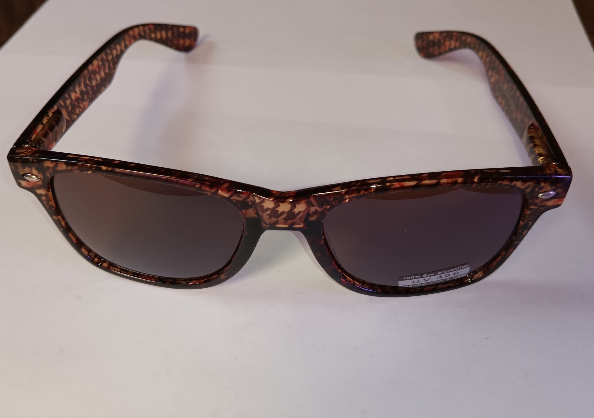 Brown Blues Brother Style Sunglasses with Houndstooth Design and Dark Lenses