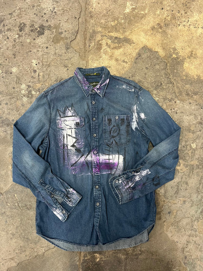 Artisan Hand-Painted Royal Graffiti Denim Shirt