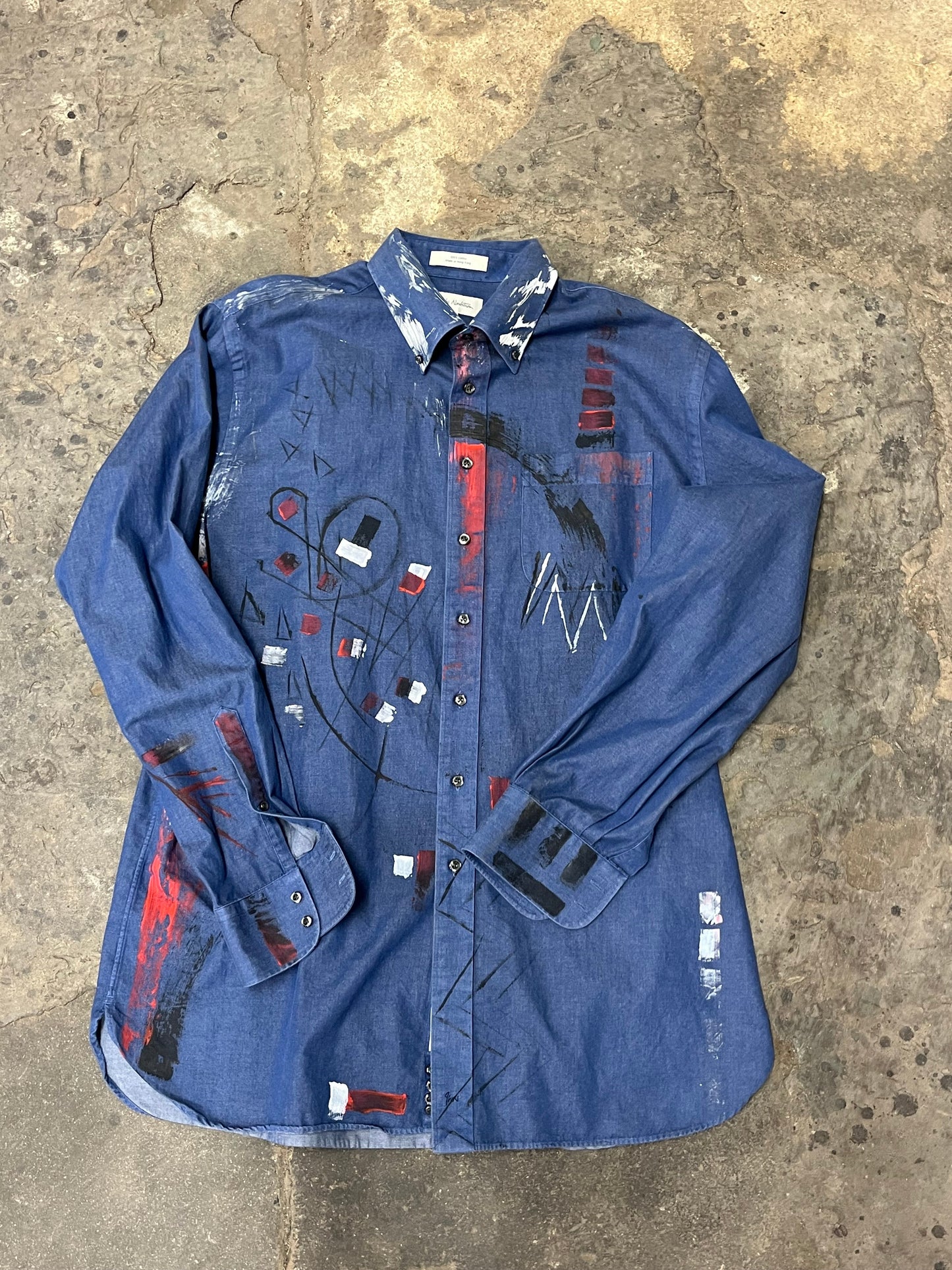 Artisan Hand-Painted Crimson Wave Denim Shirt