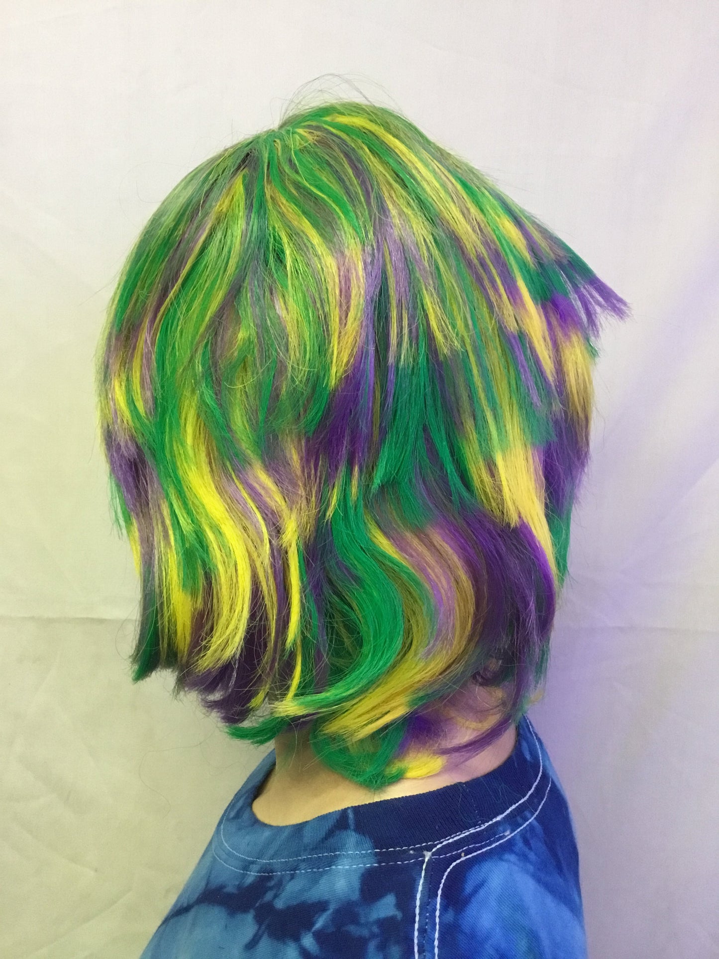 Mardi Gras Choppy Yellow Green Purple Layered Fat Tuesday Party Wig