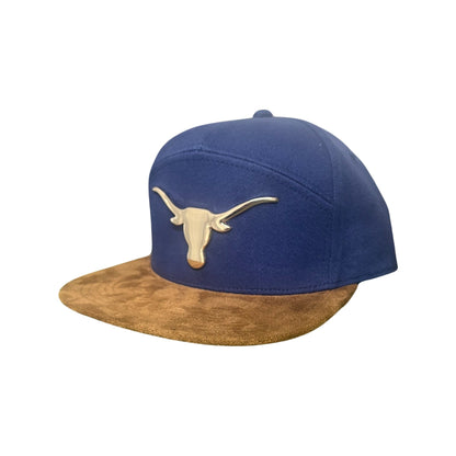 Texas Longhorns Gold Metal Longhorn Logo on Navy Cotton & Tan Suede Flatbill / Hat / UT9011 / MM Hat
