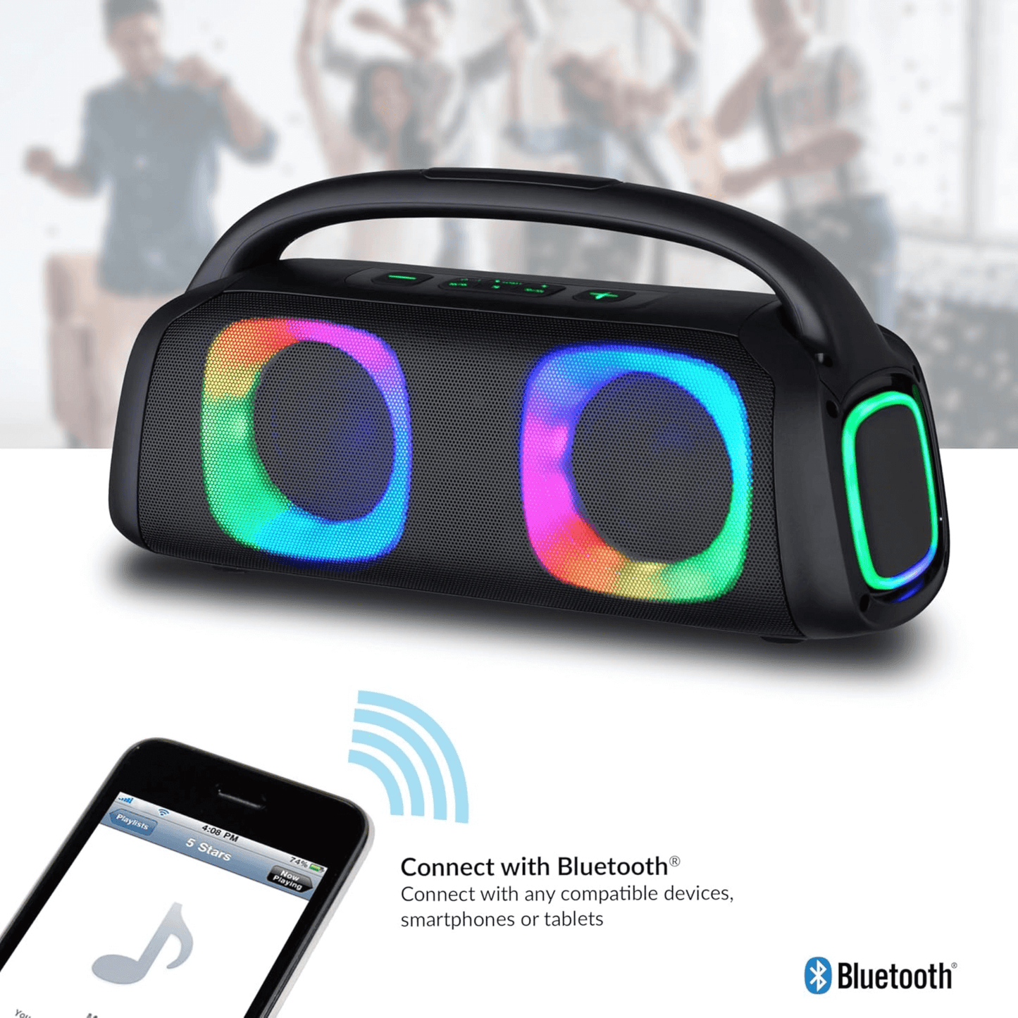 IQ Sound Portable Bluetooth Speaker with RGB Lights and TWS-Enhanced Stereo Sound