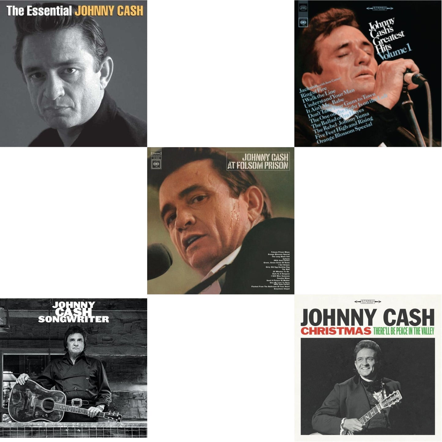Johnny Cash - At Folsom Prison & Greatest Hits, Volume 1 & Songwriter & Essential Johnny Cash & Christmas: There'll Be Peace In The Valley - LP Vinyl Bundle