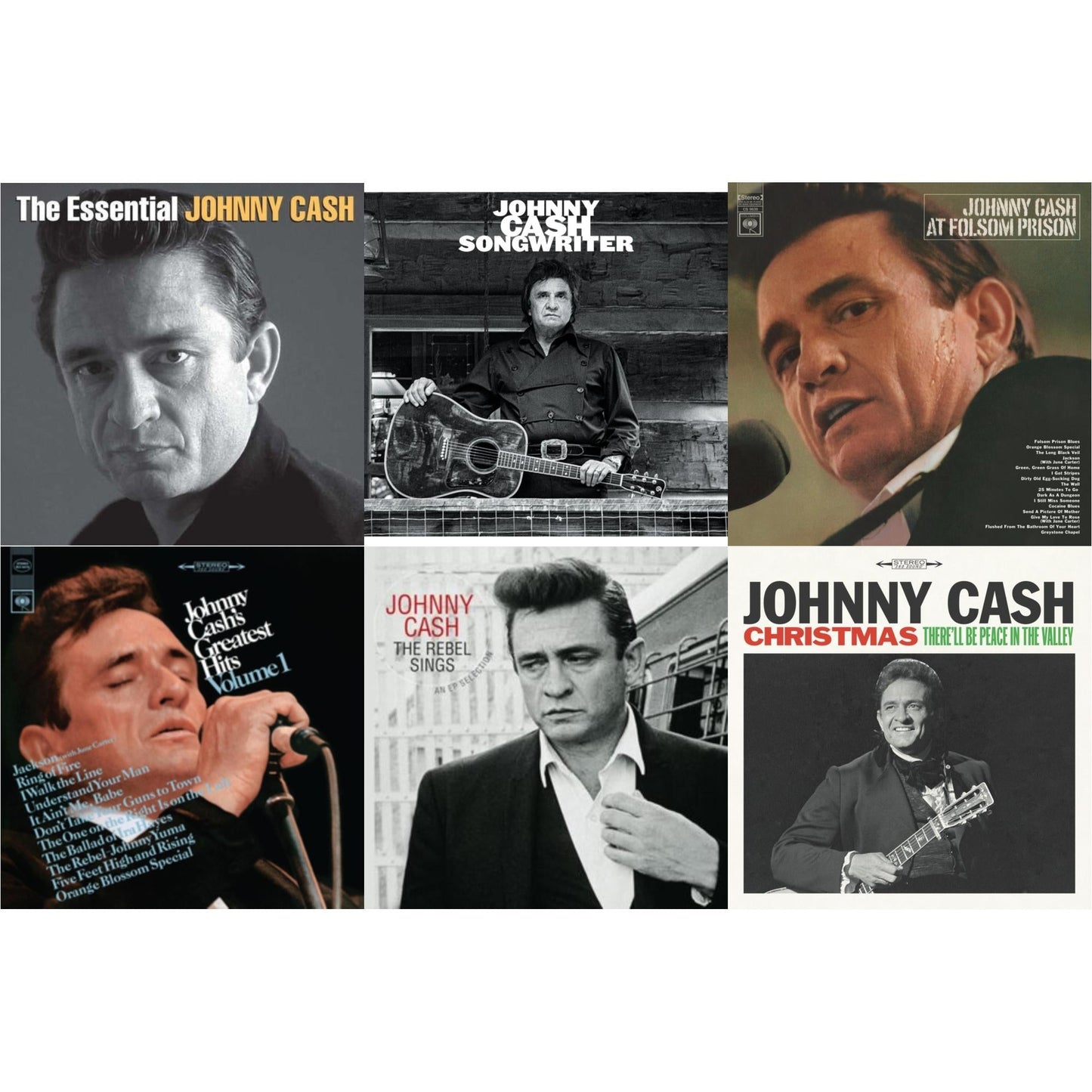 Johnny Cash - At Folsom Prison & Greatest Hits, Volume 1 & Songwriter & Rebel Sings (Crystal Clear & Solid Silver LP Vinyl) & Essential Johnny Cash & Christmas: There'll Be Peace In The Valley