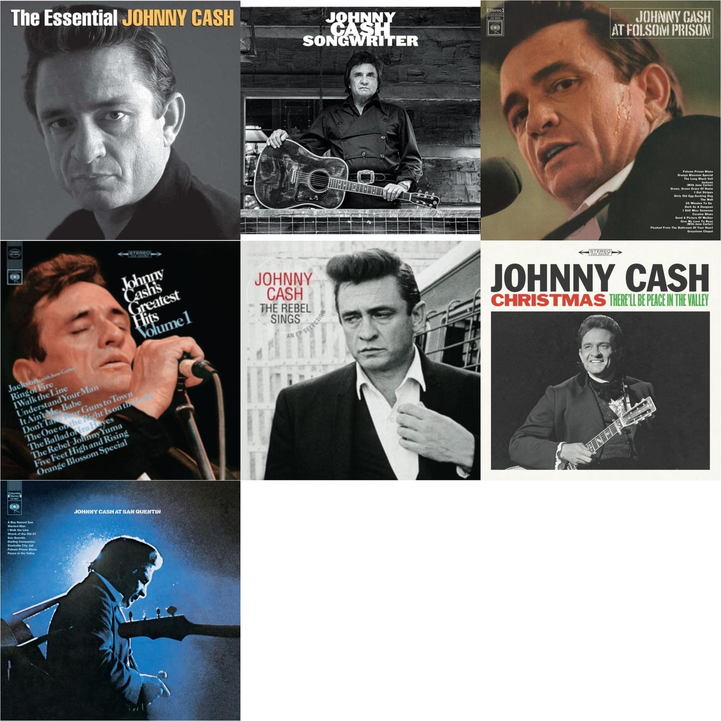 Johnny Cash - At Folsom Prison & At San Quentin & Greatest Hits, Volume 1 & Songwriter & Rebel Sings (Crystal Clear & Solid Silver LP Vinyl) & Essential Johnny Cash & Christmas: There'll Be Peace In The Valley