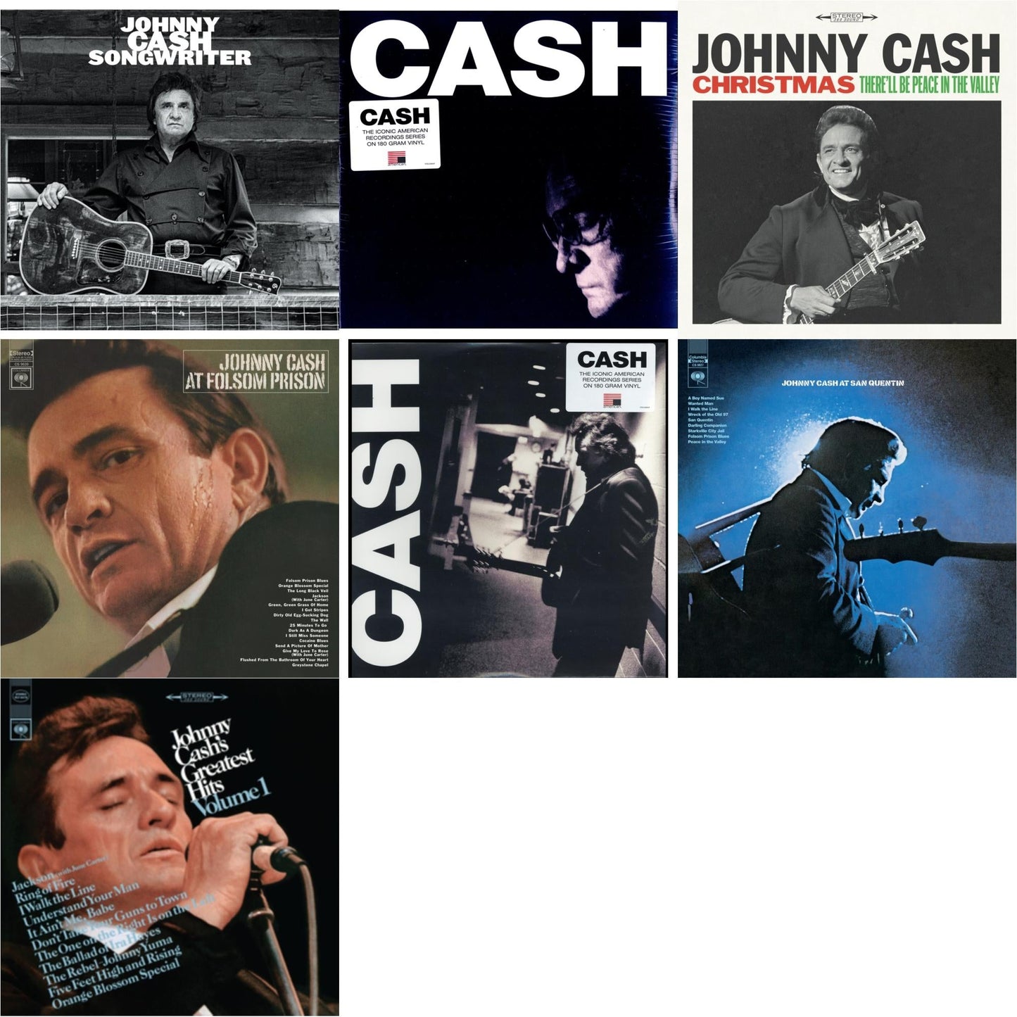 Johnny Cash - At Folsom Prison & At San Quentin & Greatest Hits, Volume 1 & Songwriter & American Iii: Soitary Man & American Iv: The Man Comes Around & Christmas: There'll Be Peace In The Valley - LP Vinyl Bundle