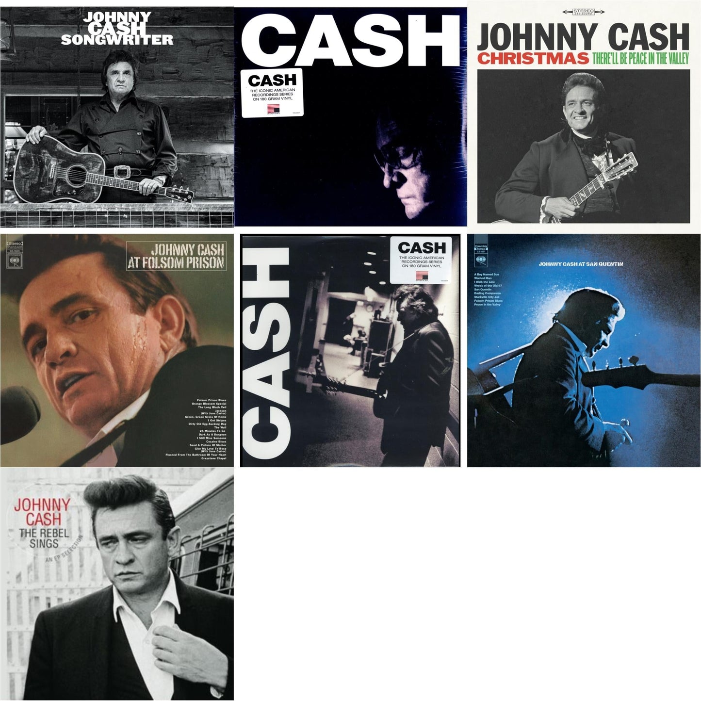 Johnny Cash - At Folsom Prison & At San Quentin & Songwriter & American Iii: Soitary Man & American Iv: The Man Comes Around & Rebel Sings (Crystal Clear & Solid Silver LP Vinyl) & Christmas: There'll Be Peace In The Valley