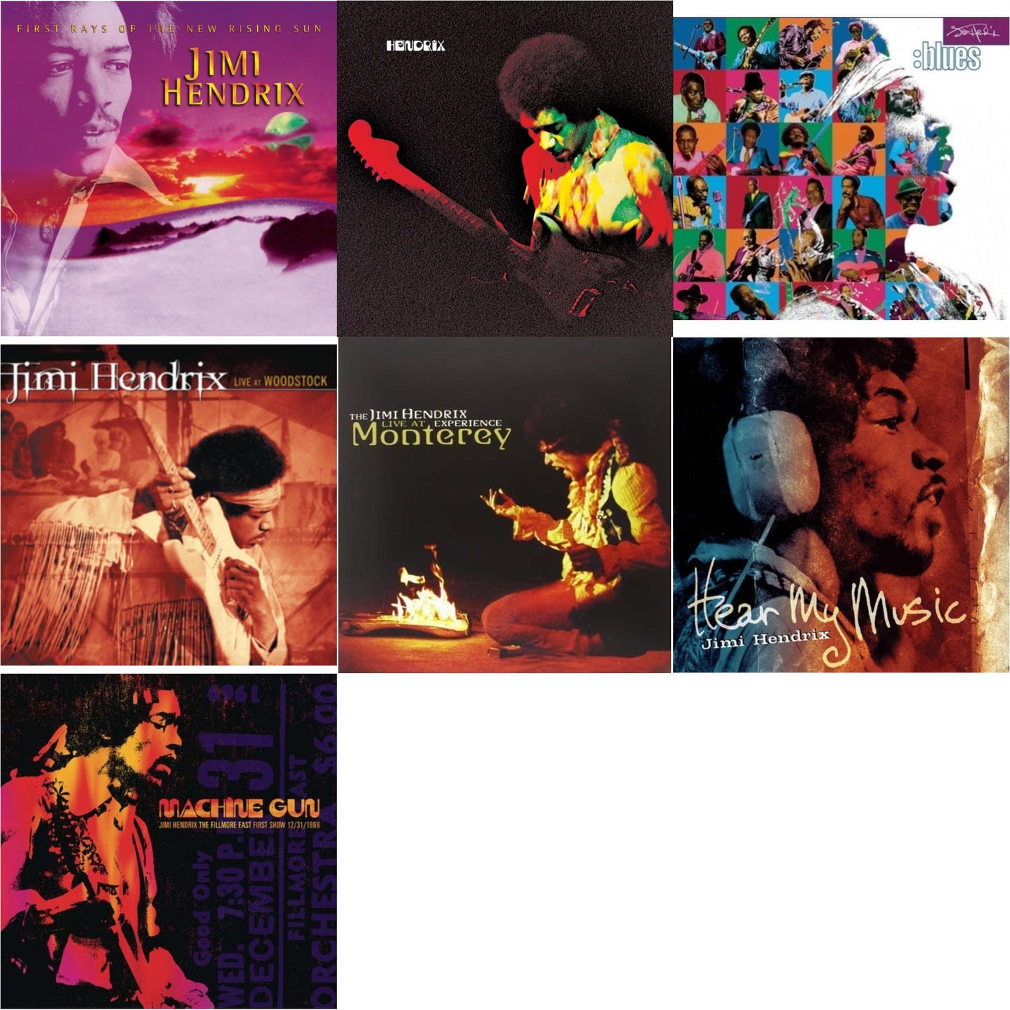 Jimi Hendrix - First Rays Of The New Rising Sun (2LP/150G) & Band Of Gypsys (180G/50Th Anniversary/Booklet/Images/Essay By John Mcdermott/Poster) & Blues (2LP/180G/Gatefold) & Live At Woodstock & Live At Monterey (180G) & Hear My Music (2LP/Gatefold)