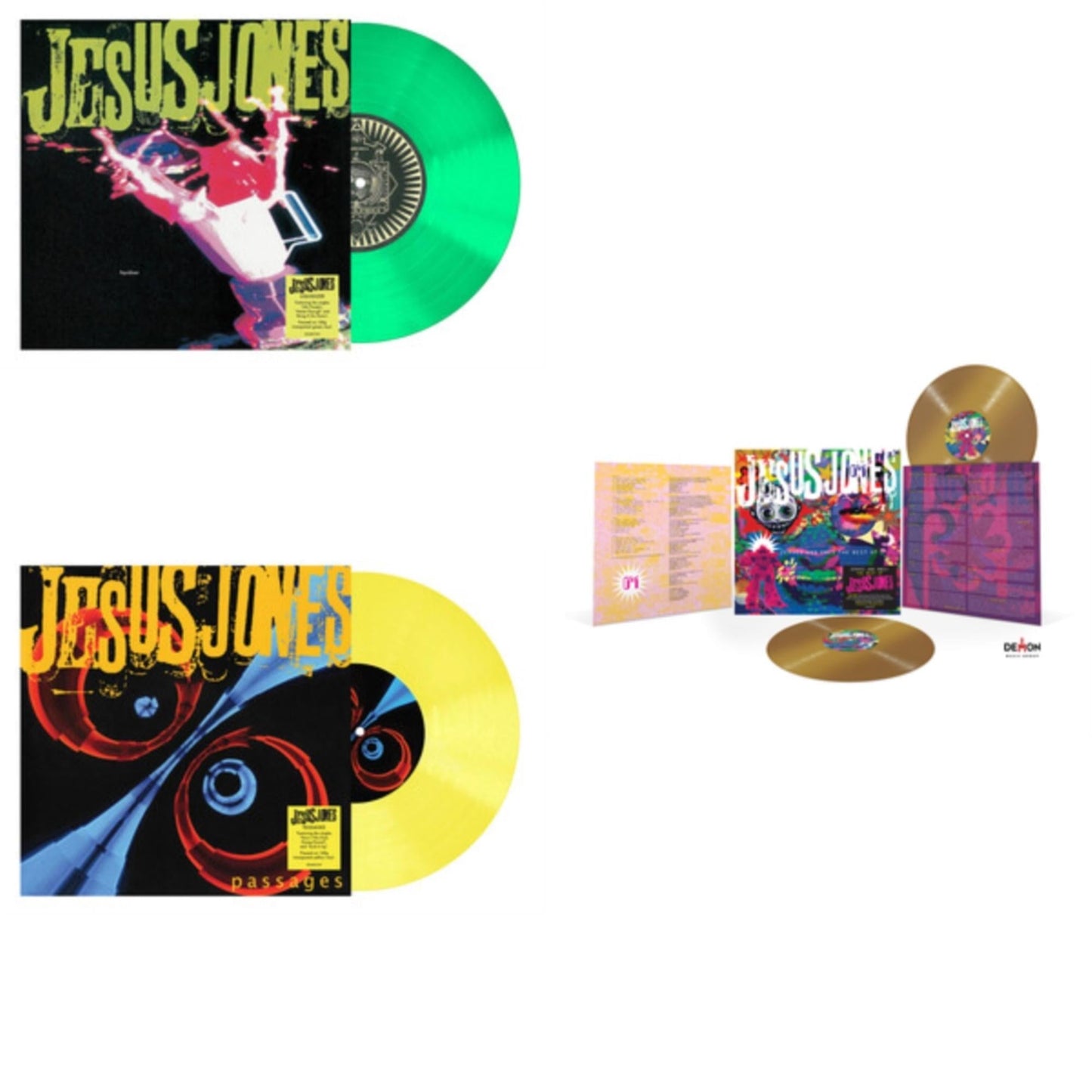 Jesus Jones - Liquidizer (Translucent Green LP Vinyl/140G) & Passages (Translucent Yellow LP Vinyl/140G) & Zeroes & Ones: Best Of (2LP/Gold Vinyl/140G)