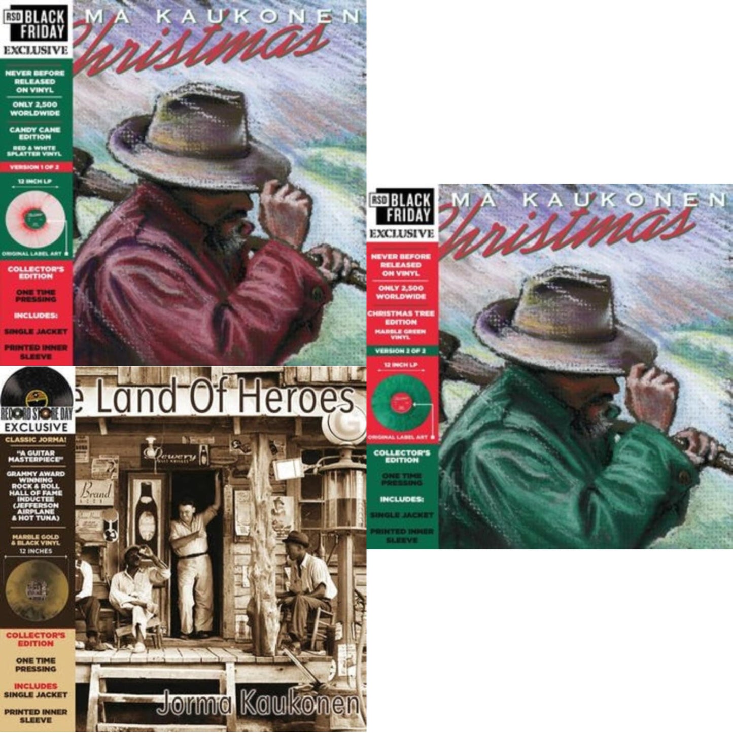 Jorma Kaukonen - Christmas… (Candy Cane Edition) & Christmas… (Christmas Tree Edition) & Land Of Heroes (Deluxe/Hazed Gold & Black LP Vinyl)
