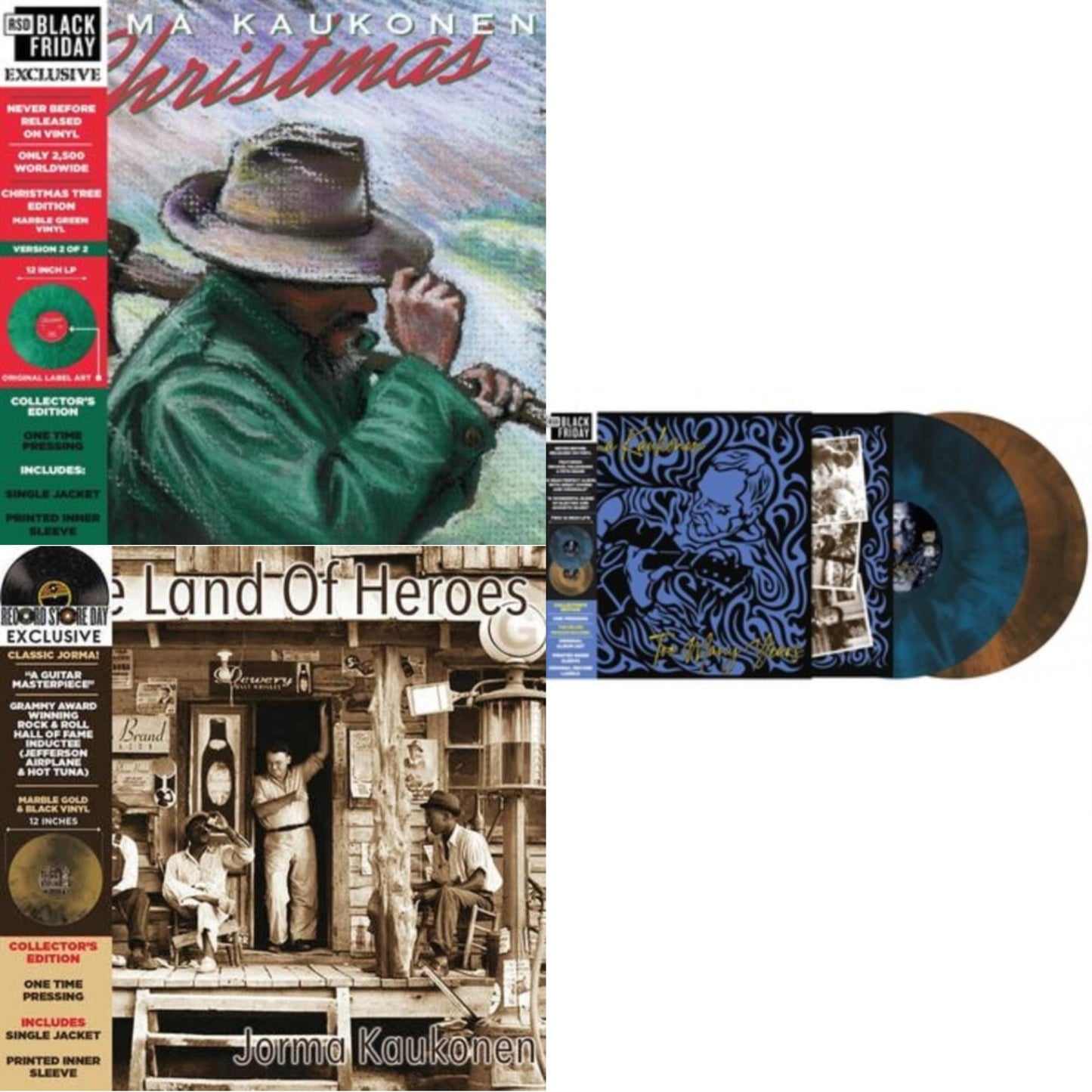 Jorma Kaukonen - Christmas… (Christmas Tree Edition) & Land Of Heroes (Deluxe/Hazed Gold & Black LP Vinyl) & Too Many Years (Deluxe/1-Blue/Black/2-Brown/Black Smoke LP Vinyl) (Rsd)