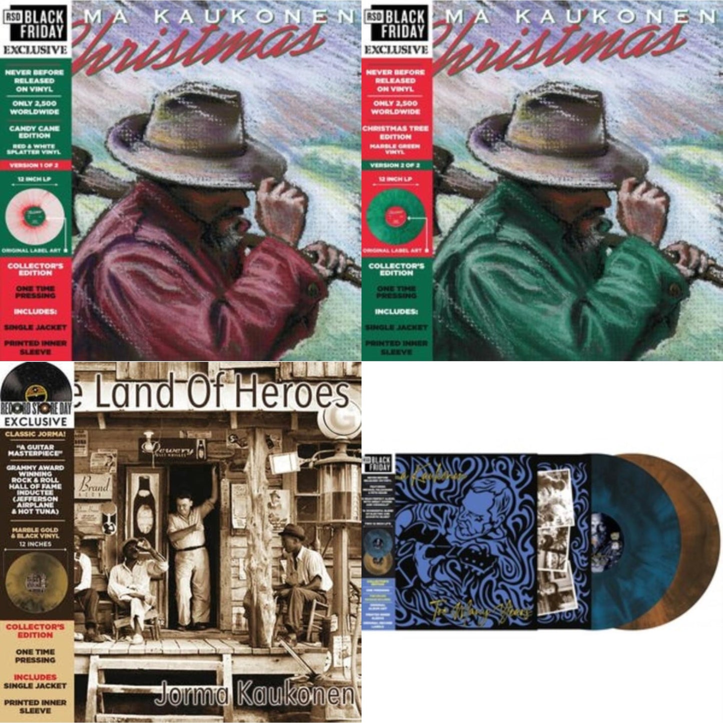 Jorma Kaukonen - Christmas… (Candy Cane Edition) & Christmas… (Christmas Tree Edition) & Land Of Heroes (Deluxe/Hazed Gold & Black LP Vinyl) & Too Many Years (Deluxe/1-Blue/Black/2-Brown/Black Smoke LP Vinyl) (Rsd)