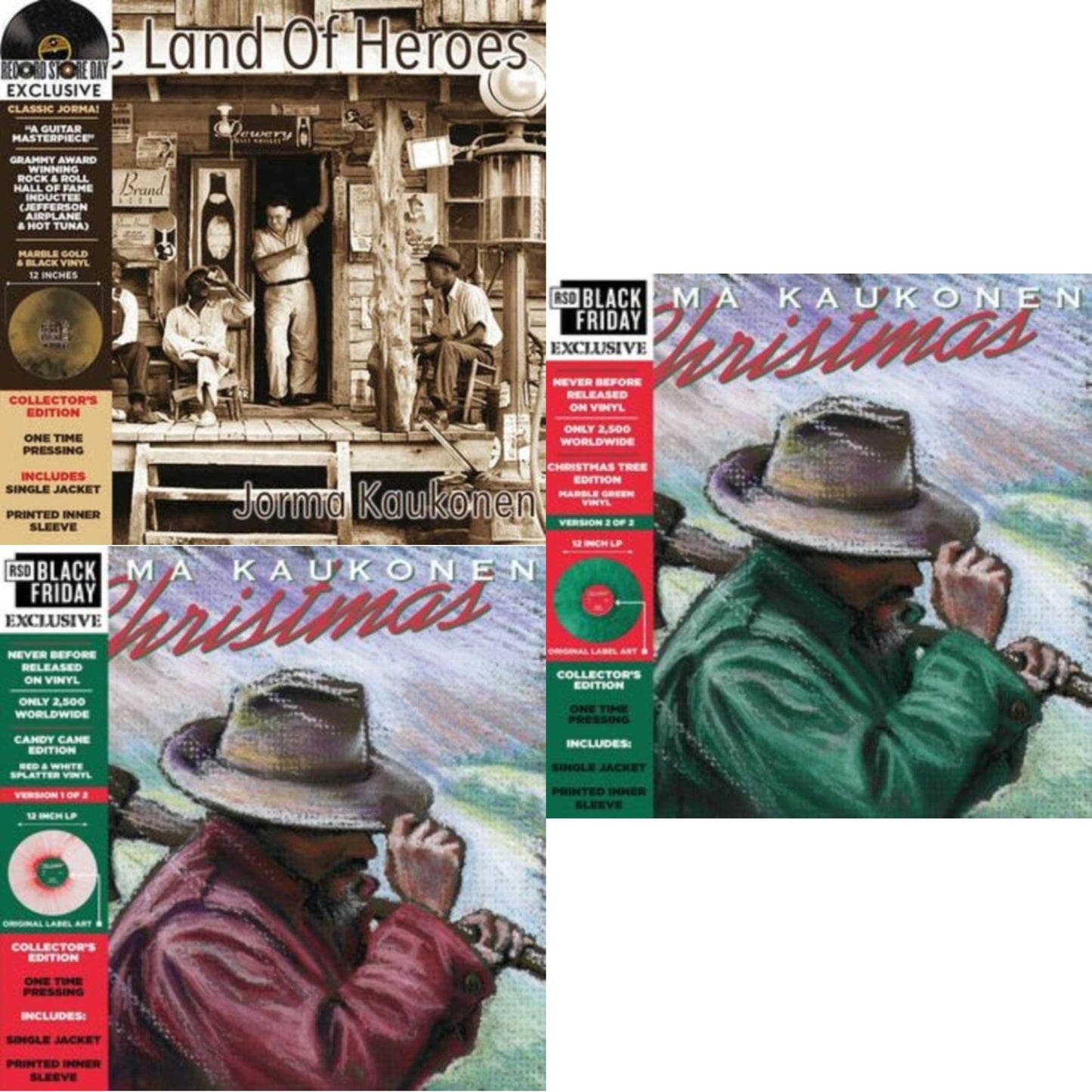 Jorma Kaukonen - Christmas… (Candy Cane Edition) & Christmas… (Christmas Tree Edition) & Land Of Heroes (Deluxe/Hazed Gold & Black LP Vinyl)