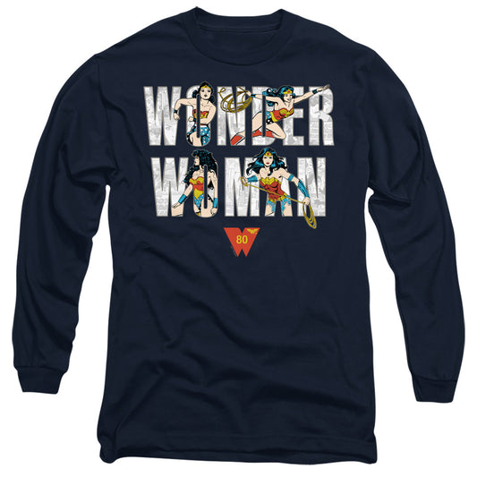 Wonder Woman Ww 80Th Illustrated Type Mens Long Sleeve Shirt Navy