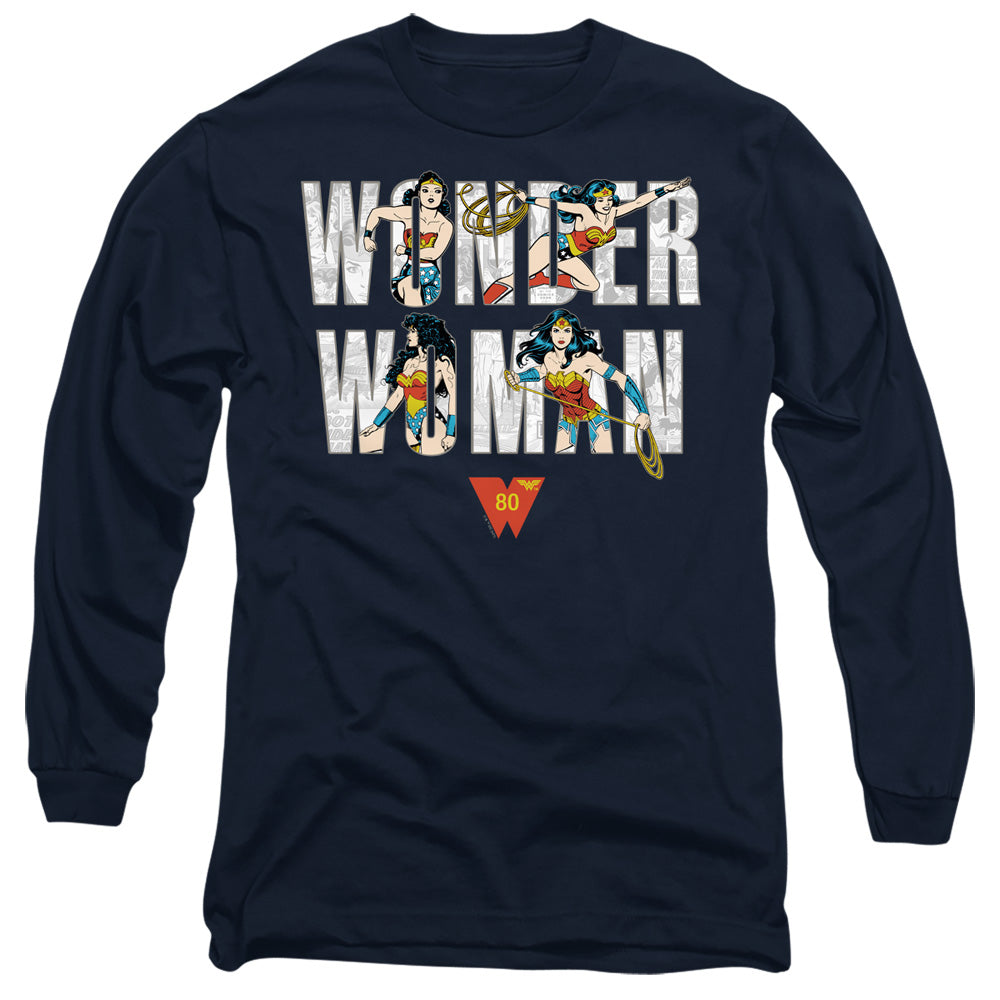 Wonder Woman Ww 80Th Illustrated Type Mens Long Sleeve Shirt Navy Officially Licensed