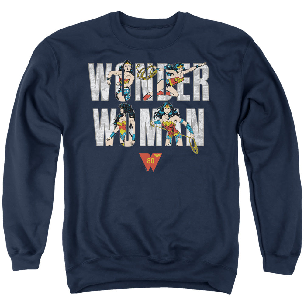 Wonder Woman Ww 80Th Illustrated Type Mens Crewneck Sweatshirt Navy