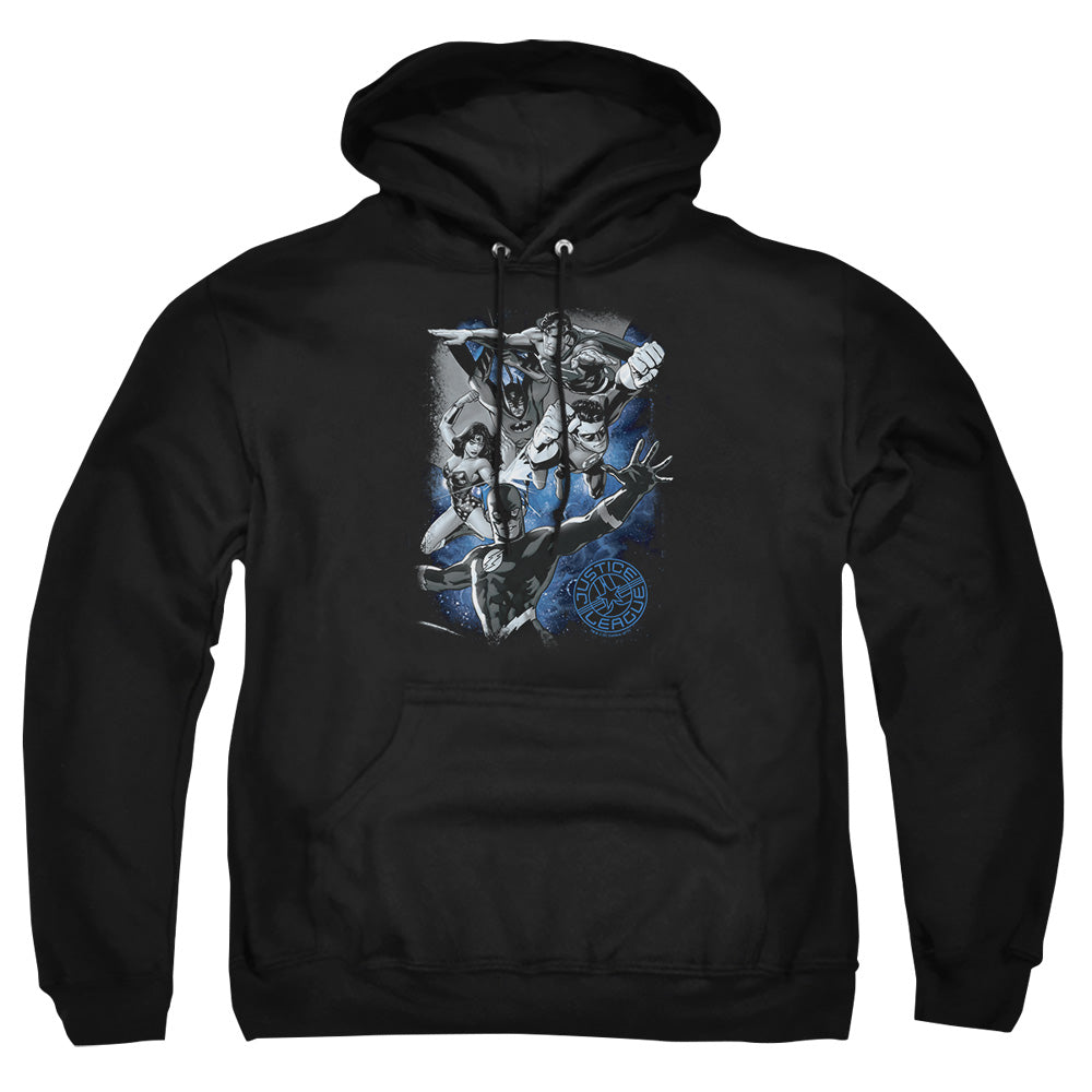 Justice League Of America Galactic Attack Nebula Mens Hoodie Black Officially Licensed