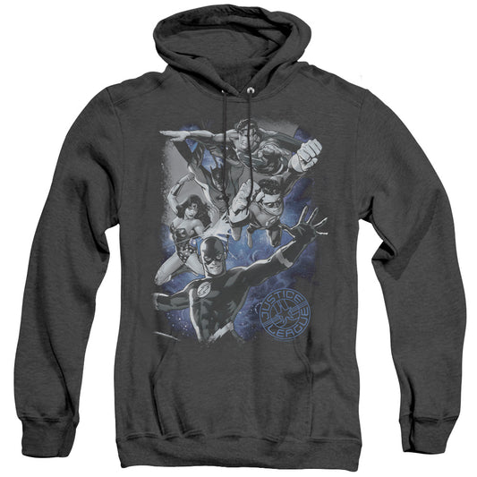 Justice League Of America Galactic Attack Nebula Heather Mens Hoodie Black Officially Licensed