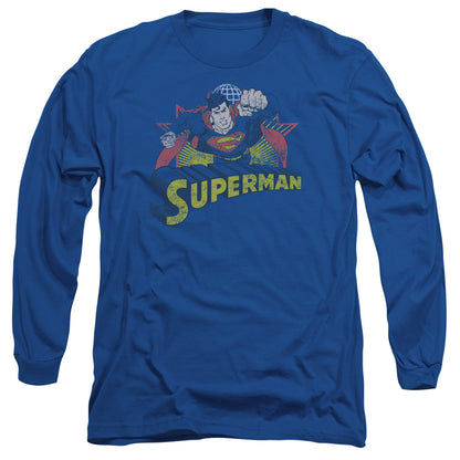 Jla Superman Rough Distress Mens Long Sleeve Shirt Royal Blue