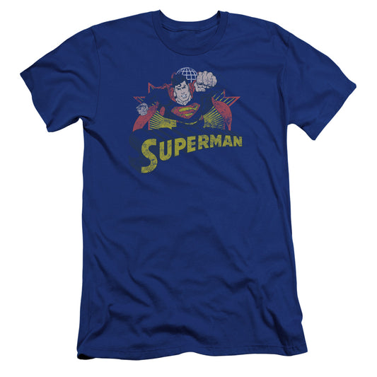 Jla Superman Rough Distress Premium Bella Canvas Slim Fit Mens T Shirt Royal Blue