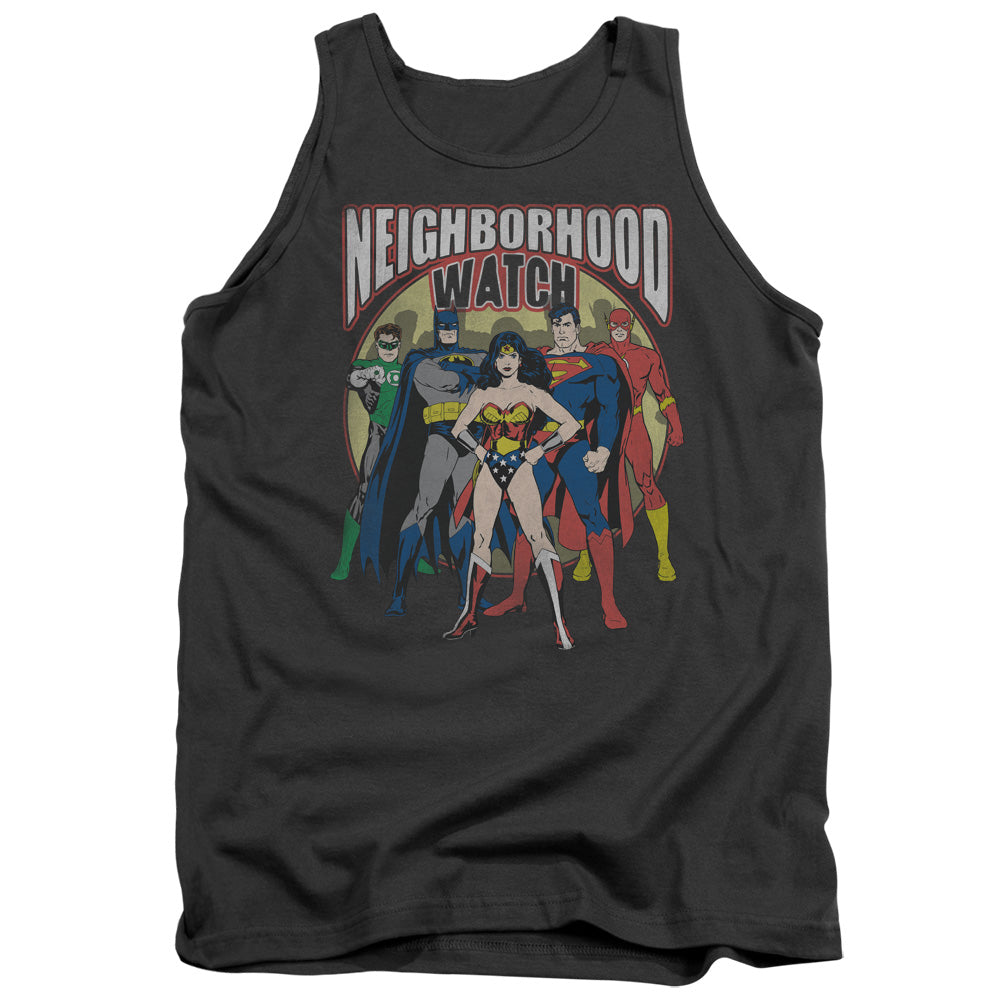 Justice League Neighborhood Watch Mens Tank Top Shirt Charcoal