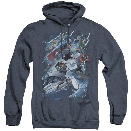 Justice League Of America Ride The Lightening Heather Mens Hoodie Navy Officially Licensed