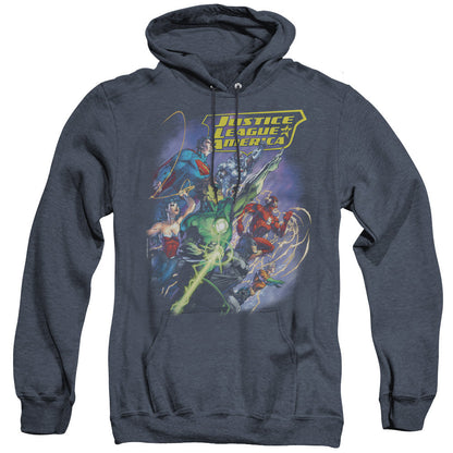 Justice League Of America Onward Mens Heather Hoodie Navy Officially Licensed