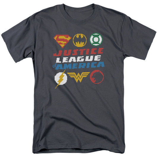 Justice League Of America Pixel Logos Mens T Shirt Charcoal