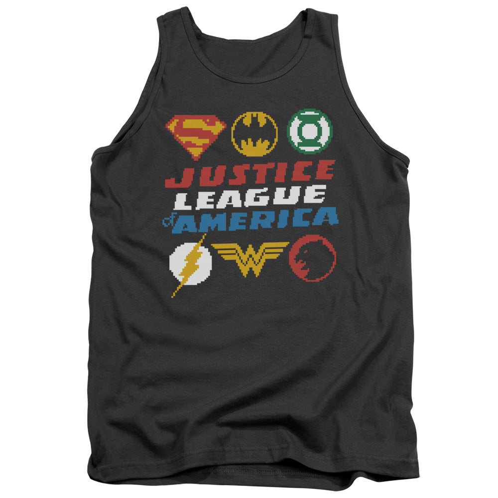 Justice League Pixel Logos Mens Tank Top Shirt Charcoal