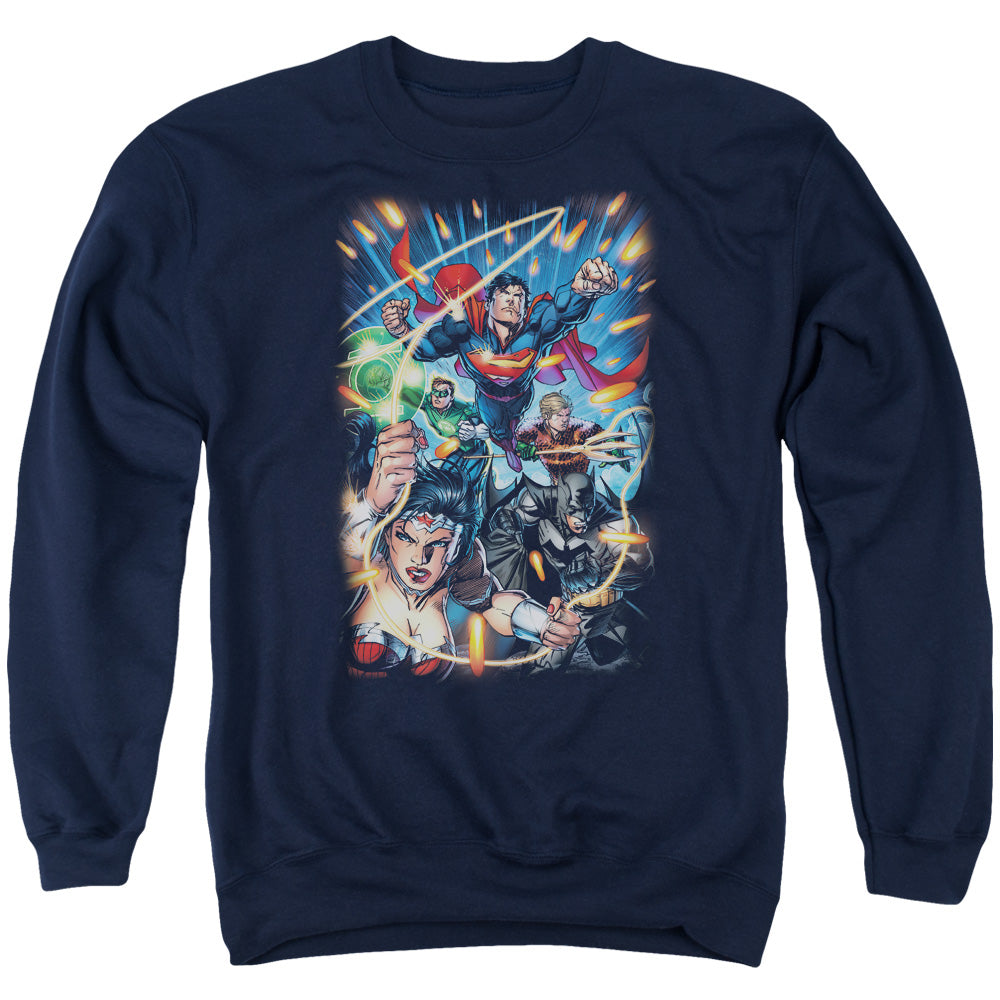 Justice League Of America Under Attack Mens Crewneck Sweatshirt Navy Officially Licensed