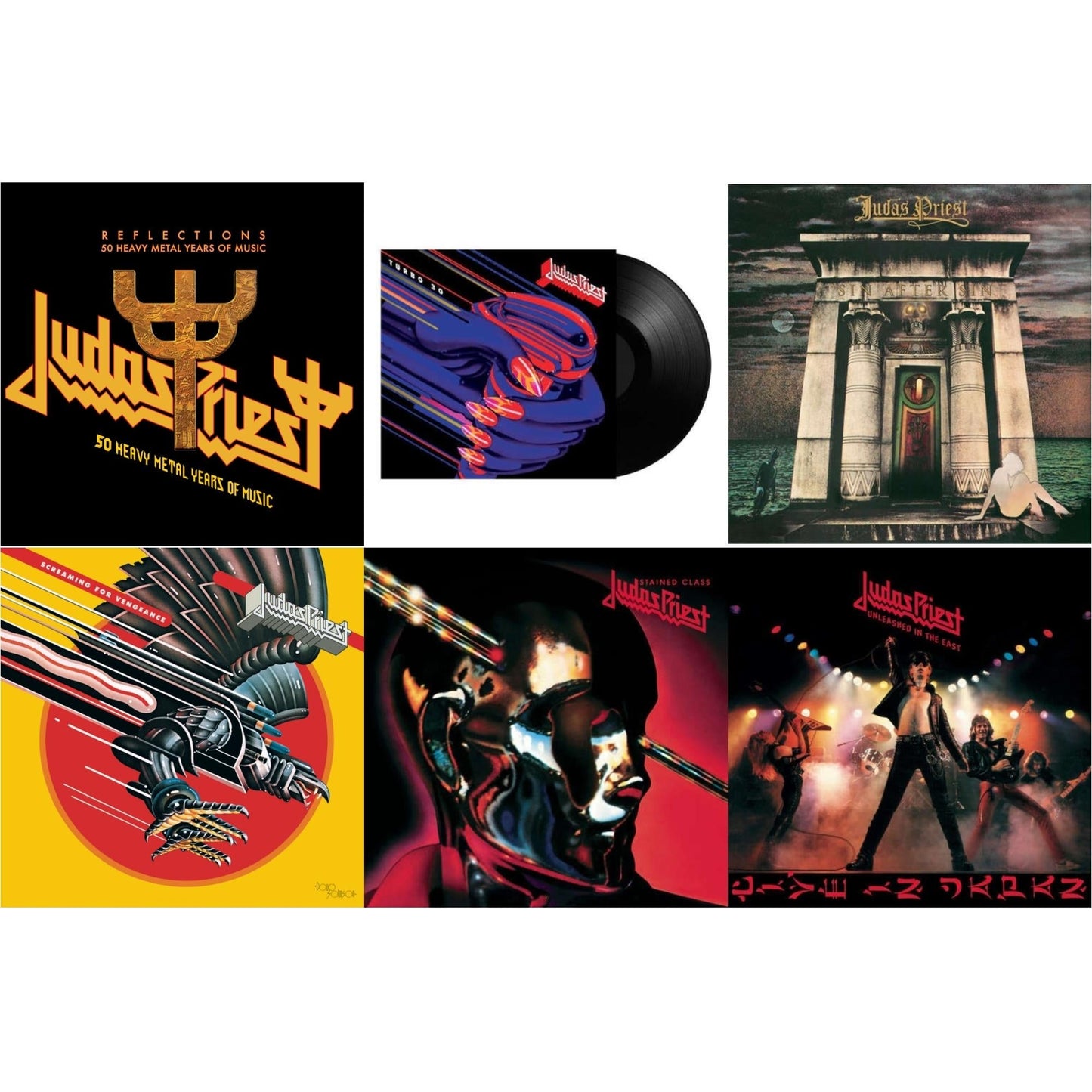 Judas Priest - Reflections - 50 Heavy Metal Years Of Music (2LP/180G/Red Vinyl) & Turbo 30 (150G) & Sin After Sin (180G/Dl Card) & Stained Class (180G/Dl Card) & Unleashed In The East: Live In Japan (180G/Dl Card) & Screaming For Vengeance (180G/Dl