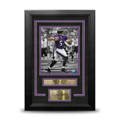 Joe Flacco Spotlight Action Baltimore Ravens 8x10 Framed Football Photo with Engraved Autograph