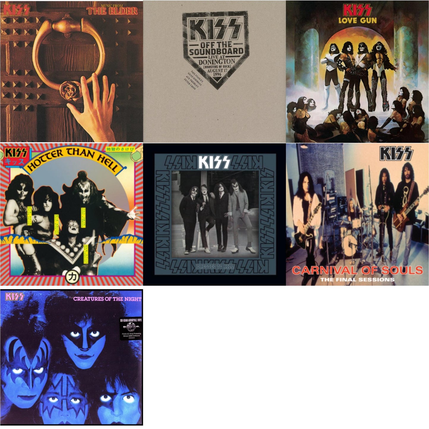 Kiss - Music From The Elder (Half-Speed Master/Clear LP Vinyl/180G) & Kiss Off The Soundboard: Donington 1996 (Live) (3LP) & Love Gun (Tangerine/Aqua Splatter LP Vinyl) & Hotter Than Hell & Dressed To Kill & Carnival Of Souls & Creatures Of Night
