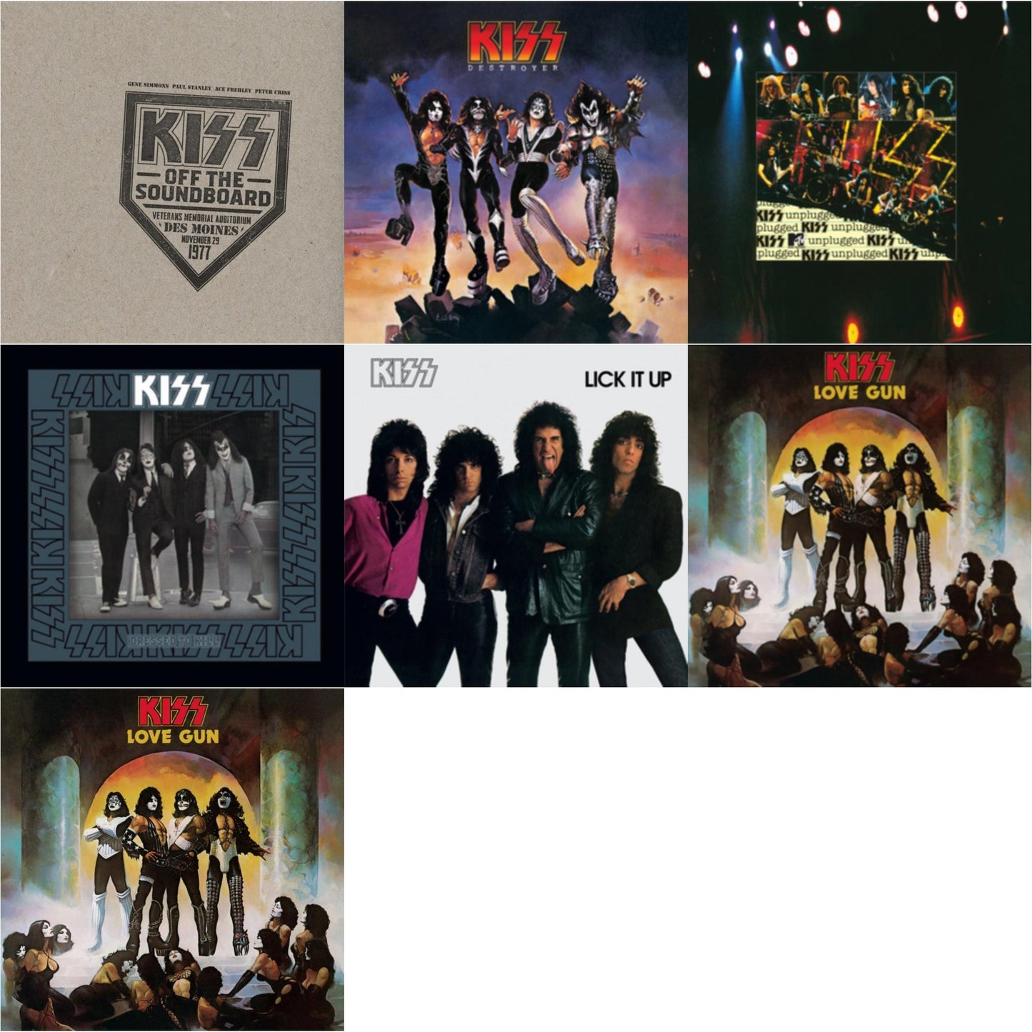 Kiss - Kiss Off The Soundboard: Live In Des Moines (2LP) & Love Gun (Tangerine/Aqua Splatter LP Vinyl) & Destroyer & Lick It Up & Dressed To Kill & Love Gun & Mtv Unplugged