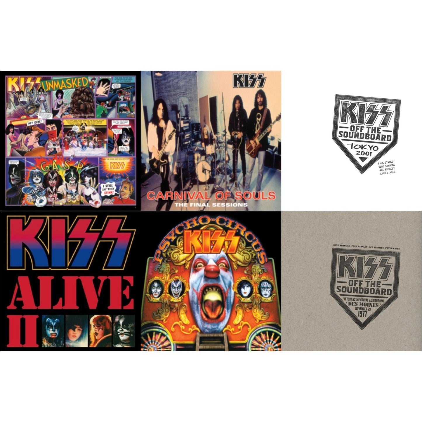Kiss - Kiss Off The Soundboard: Tokyo 2001 (3LP) & Kiss Off The Soundboard: Live In Des Moines (2LP) & Psycho Circus & Unmasked & Carnival Of Souls & Alive Ii