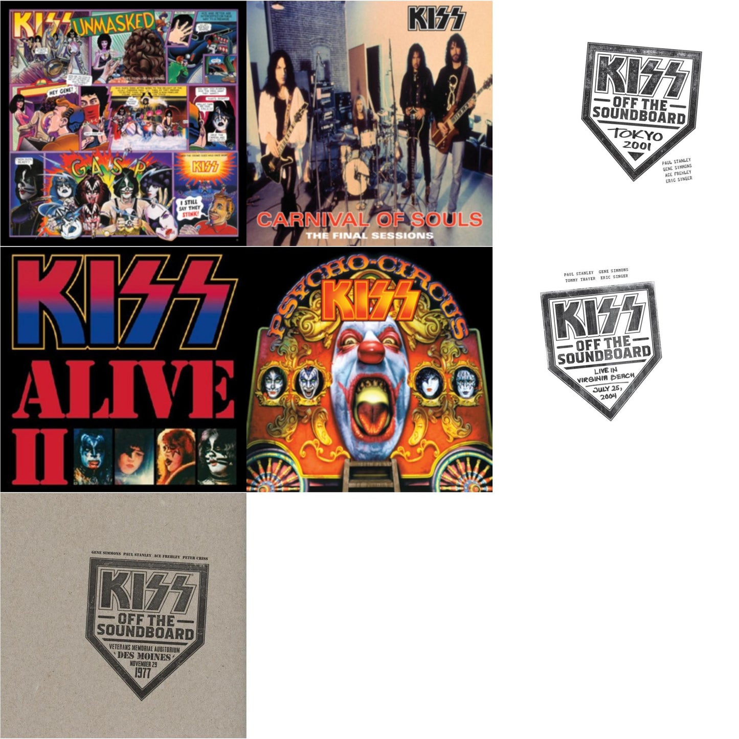 Kiss - Kiss Off The Soundboard: Tokyo 2001 (3LP) & Kiss Off The Soundboard: Live In Virginia Beach (3LP) & Kiss Off The Soundboard: Live In Des Moines (2LP) & Psycho Circus & Unmasked & Carnival Of Souls & Alive Ii
