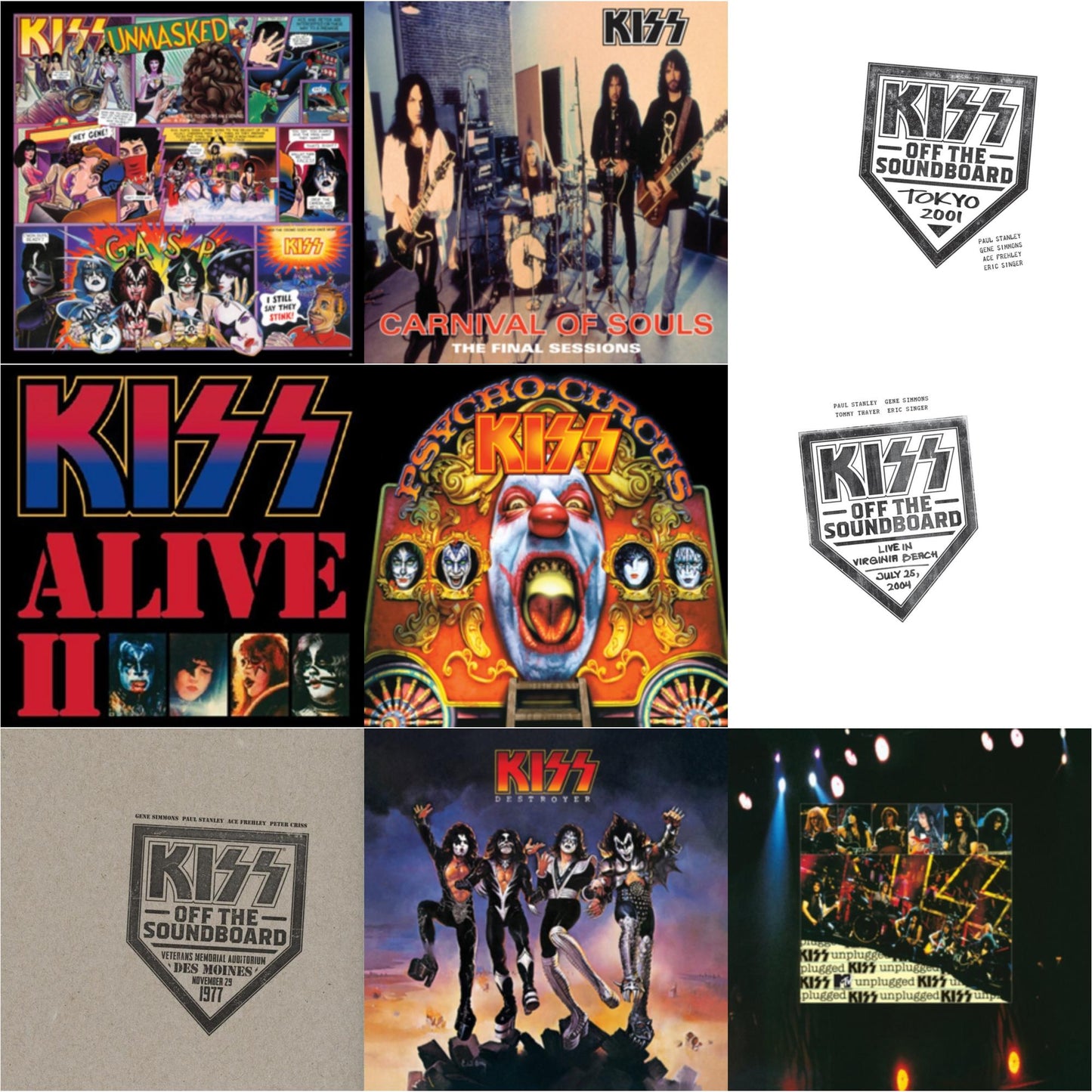 Kiss - Kiss Off The Soundboard: Tokyo 2001 (3LP) & Kiss Off The Soundboard: Live In Virginia Beach (3LP) & Kiss Off The Soundboard: Live In Des Moines (2LP) & Destroyer & Psycho Circus & Unmasked & Carnival Of Souls & Mtv Unplugged & Alive Ii