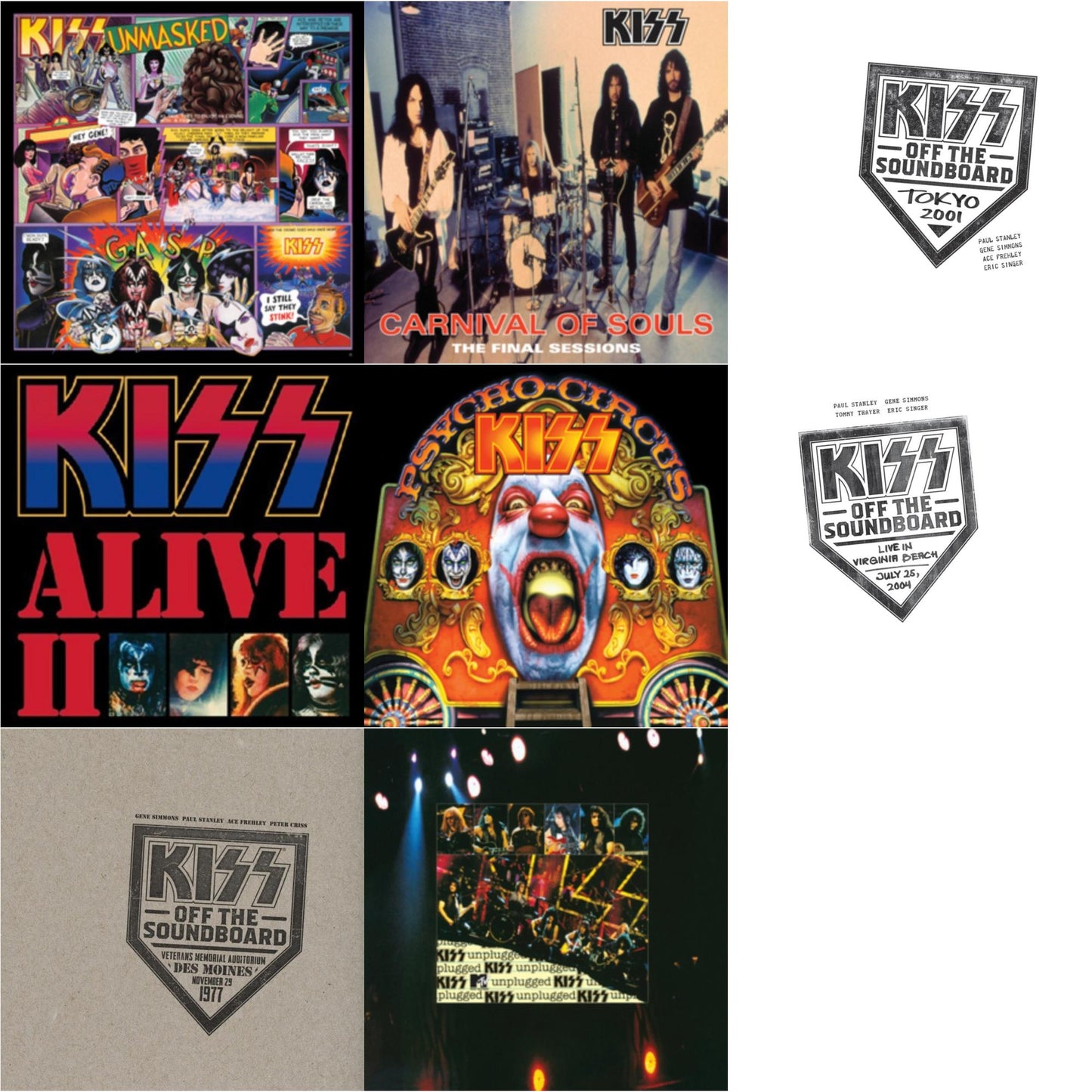 Kiss - Kiss Off The Soundboard: Tokyo 2001 (3LP) & Kiss Off The Soundboard: Live In Virginia Beach (3LP) & Kiss Off The Soundboard: Live In Des Moines (2LP) & Psycho Circus & Unmasked & Carnival Of Souls & Mtv Unplugged & Alive Ii