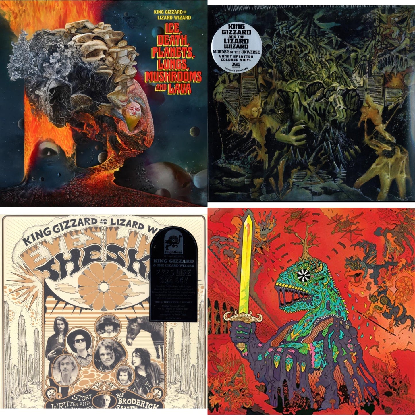 King Gizzard & The Lizard Wizard - Ice, Death, Planets, Lungs, Mushrooms & Lava (2LP/Recycled Black Wax Vinyl) & Murder Of The Universe (Transparent Green W/Mustard Yelow Splatter LP Vinyl) & Eyes Likes The Sky (Peach LP Vinyl) & 12 Bar Bruise (Sea