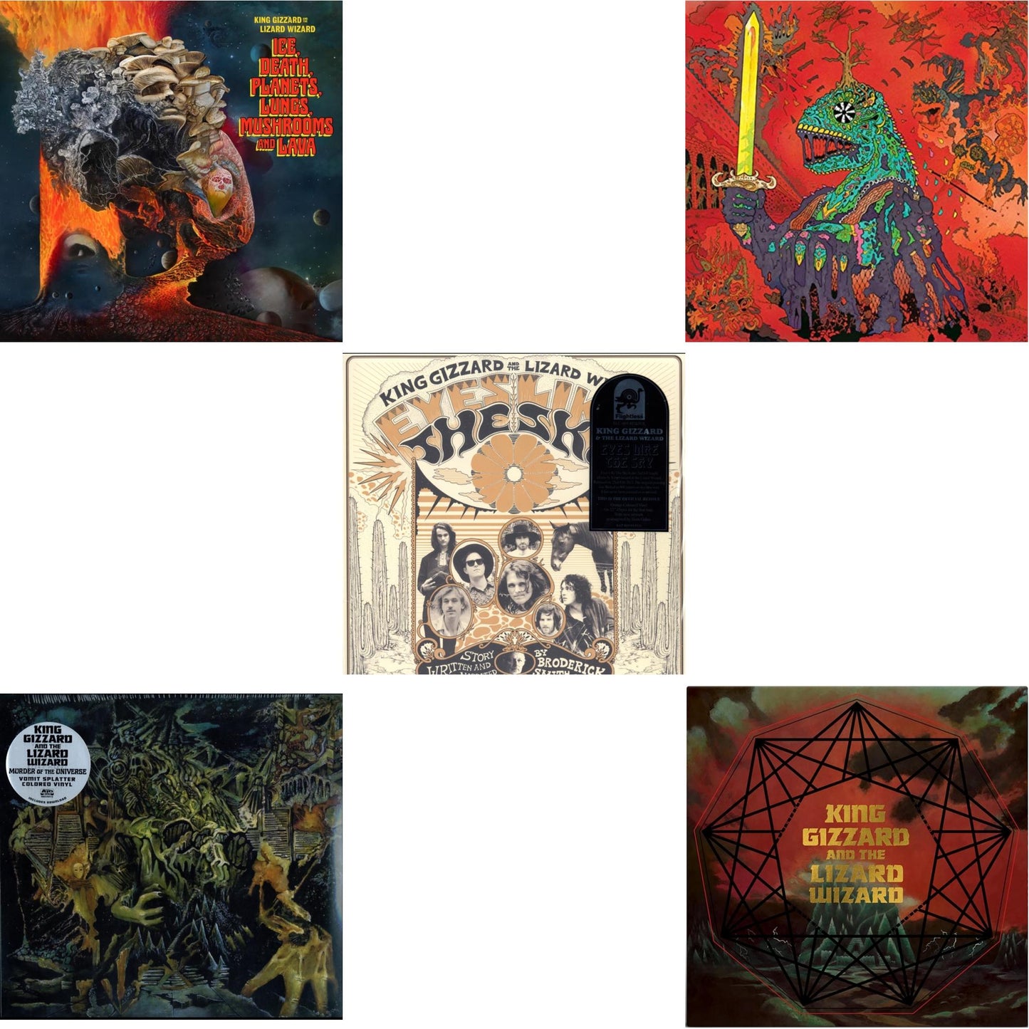 King Gizzard & The Lizard Wizard - Ice, Death, Planets, Lungs, Mushrooms & Lava (2LP/Recycled Black Wax Vinyl) & Murder Of The Universe (Transparent Green W/Mustard Yelow Splatter LP Vinyl) & Eyes Likes The Sky (Peach LP Vinyl) & 12 Bar Bruise (Sea