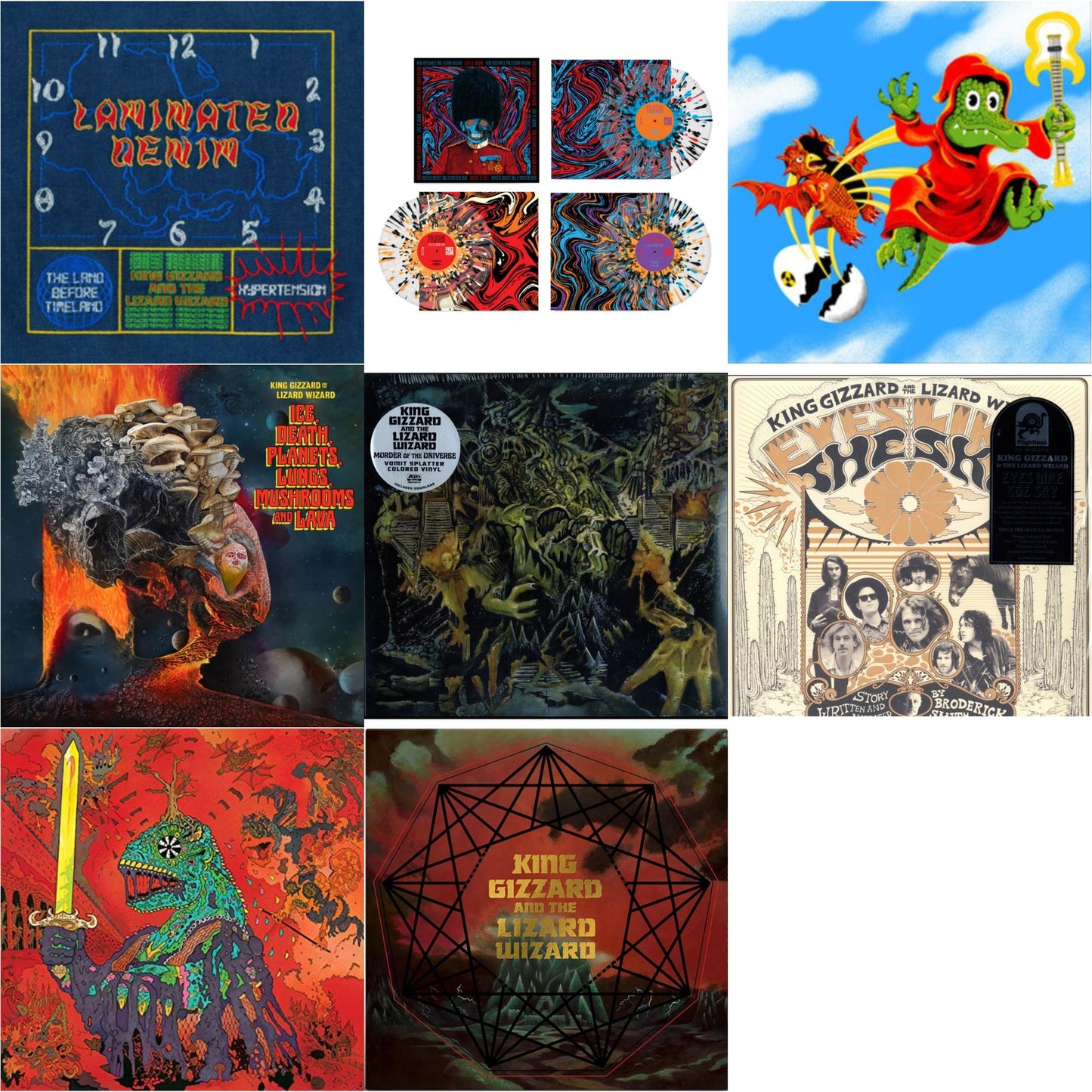 King Gizzard & The Lizard Wizard - Laminated Denim (Lucky Rainbow LP Vinyl) & Live In London '19 (Fuzz Club Official Bootleg) (Coloured LP Vinyl) & Live In Melbourne '21 (Yellow Vinyl/2LP) (I) & Ice, Death, Planets, Lungs, Mushrooms & Lava