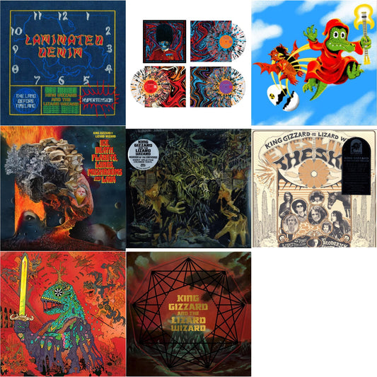 King Gizzard & The Lizard Wizard - Laminated Denim (Lucky Rainbow LP Vinyl) & Live In London '19 (Fuzz Club Official Bootleg) (Coloured LP Vinyl) & Live In Melbourne '21 (Yellow Vinyl/2LP) (I) & Ice, Death, Planets, Lungs, Mushrooms & Lava